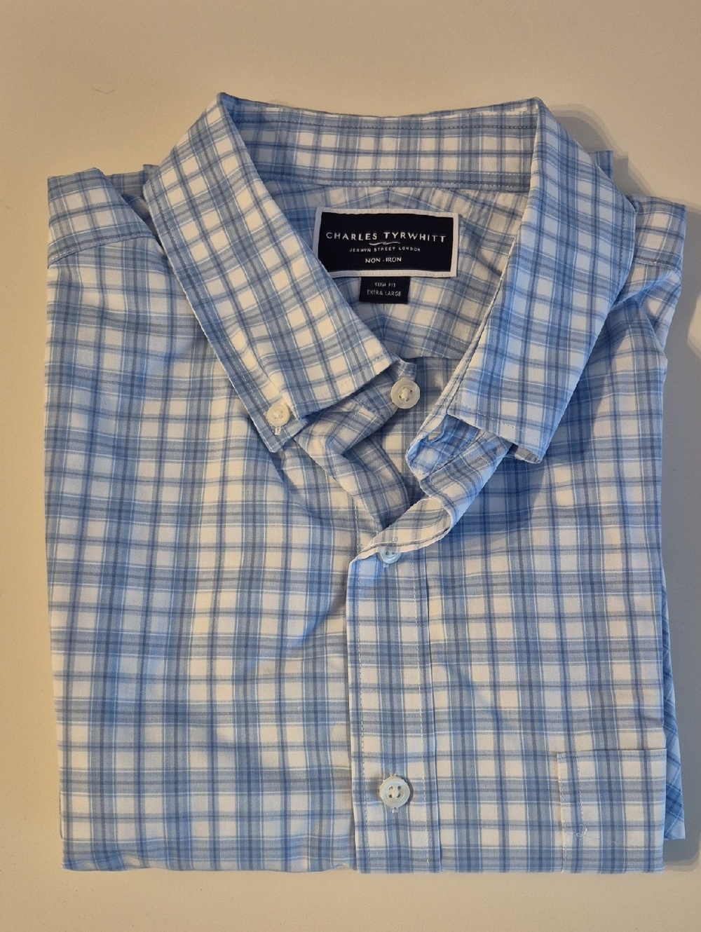 Charles Tyrwhitt Blue and White Checked Button-Down Shirt XL SLIM FIT